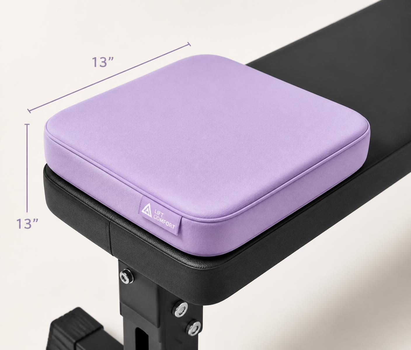 Lavender HIPHUG foam pad resting on the end of a black flat weight bench
